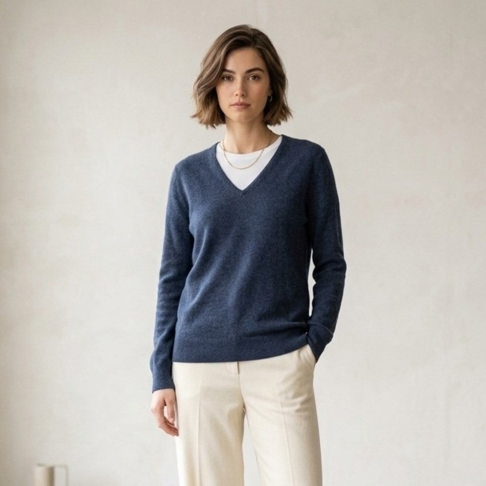 Theory Womens Sweater Medium Blue V-Neck 100% Cashmere Minimalist Quiet Luxury